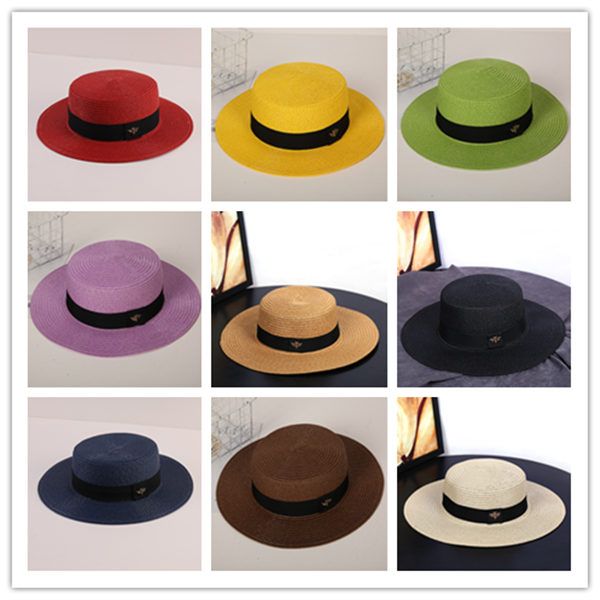 

british style hat summer braided edge retro golden metal bee fashion wide grass belt parent-child flat shade, Blue;gray