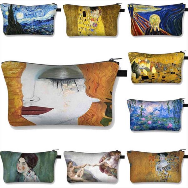 

oil painting tears kiss by cosmetic bags gustav klimt starry night waterlily makeup women case storage