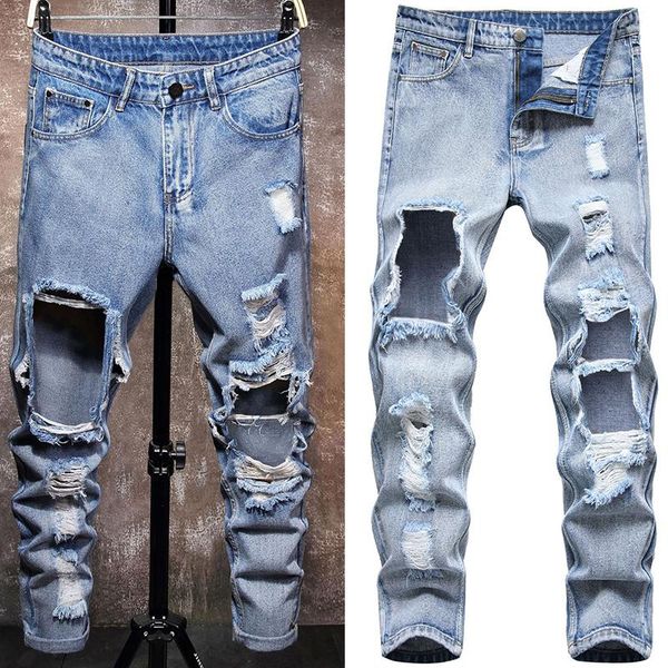 

personality export men pants black men's jeans big hole fashion trend, Blue