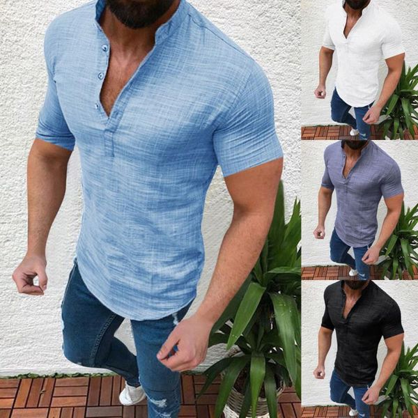 

men's t-shirts v-neck flax standing collar short sleeve t shirt button solid fashion clothes summer handsome loose shirts, White;black