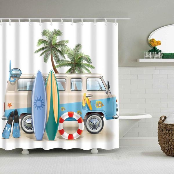 

cartoon tropical beach bus surfboard shower curtain bath accessories with 12 hooks waterproof polyester fabric bathroom decor curtains