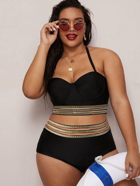 

plus contrast tape underwire bikini swimsuit q8hl#, Black