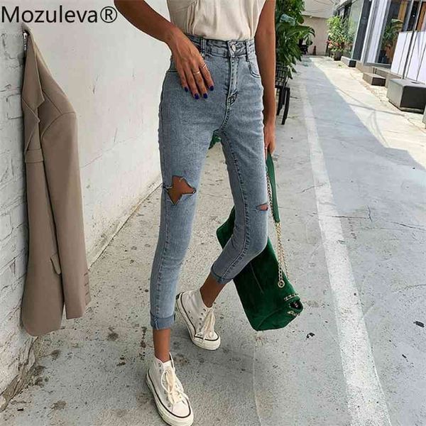 

autumn chic ripped holes stretch high waist female denim pants capris women skinny pencil jeans 210416, Blue