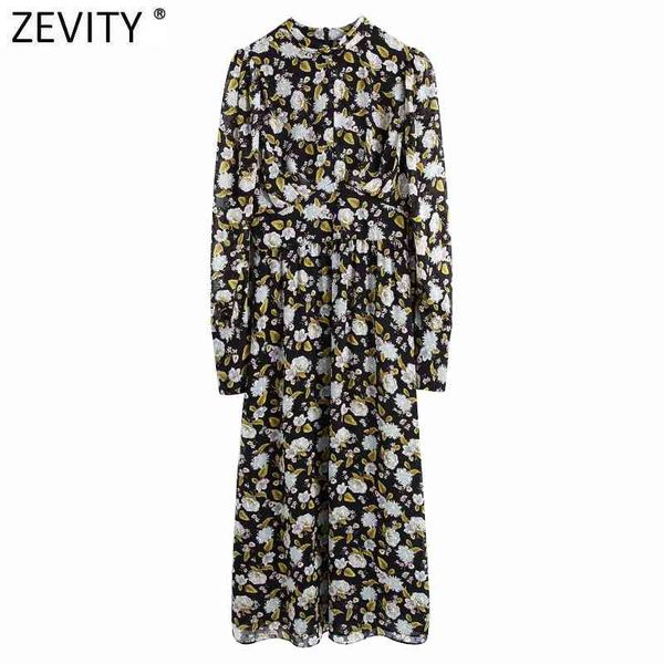 

zevity women vintage stand collar flower print casual slim midi dress female puff sleeve pleats party a line vestido ds4670 210419, Black;gray