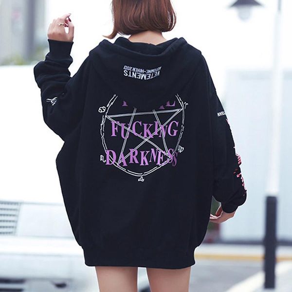 

women's hoodies & sweatshirts gothic harajuku women fleece loose letter print pocket lace-up hooded bf style mid length warm, Black