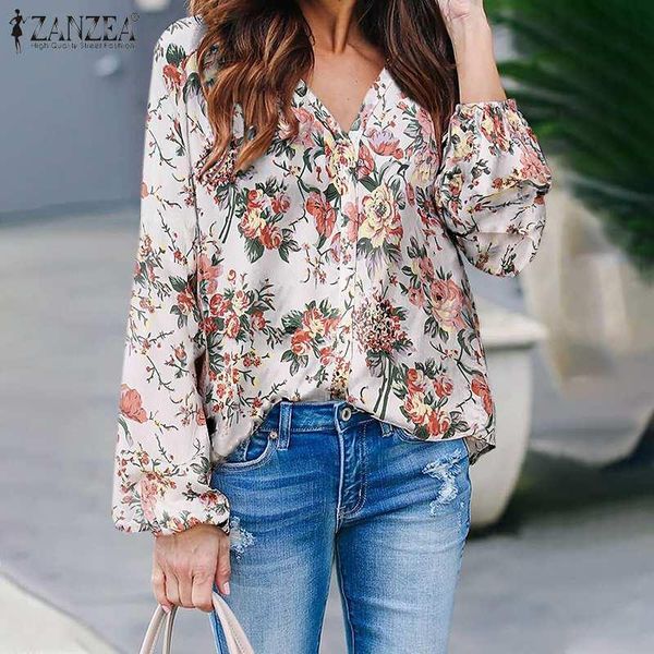 

women's blouses & shirts womens autumn blouse 2021 holiday party v neck blusa fashion lady chiffon office zanzea floral printed elegan, White
