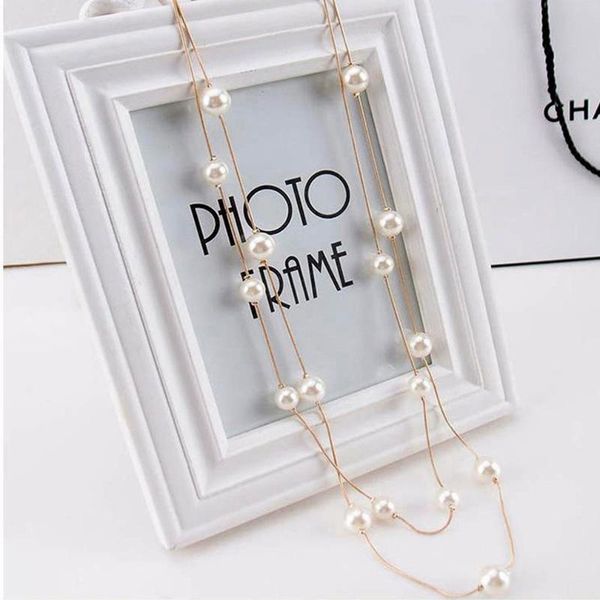 

chains fashion womens lady pendant necklace double pearl sweater chain jewelry gift, Silver