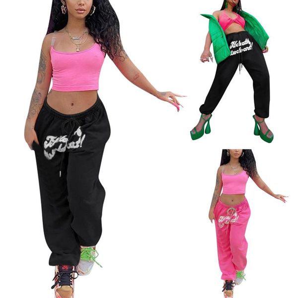 

women's pants & capris 2021 female trousers letter print elastic high waist ankle-banded with drawstring for spring fall street pink/bl, Black;white