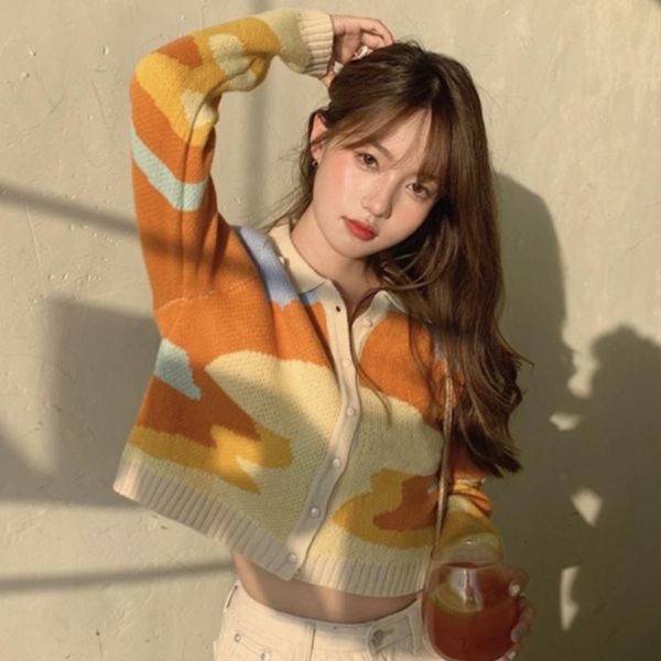 

women's knits & tees japanese color contrast knitwear autumn 2021 cardigan with loose long sleeve jacket, White