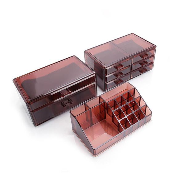 

[us-w]3pcs / set plastic cosmetics storage rack 6 small & 2 large drawers clear brown cosmetic bags cases