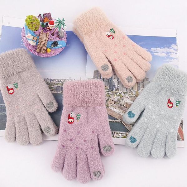 Cinco dedos Guantes Invierno Femenino Cordón Cálido Cashmere Tres Costillas Lindo Oso Mittens Doble Espesor Felpa Mujeres Muñeca Pantalla Táctil Conducción GL