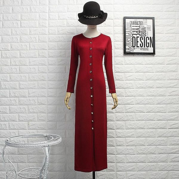 

casual dresses european style autumn winter women unique buttons closure knitted dress quality cotton calf red black gray