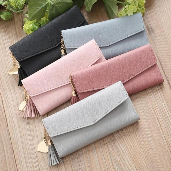 

wallets m315 lady trend long wallet love heart and tassel pendant simple fashion multifunctional litchi1, Red;black