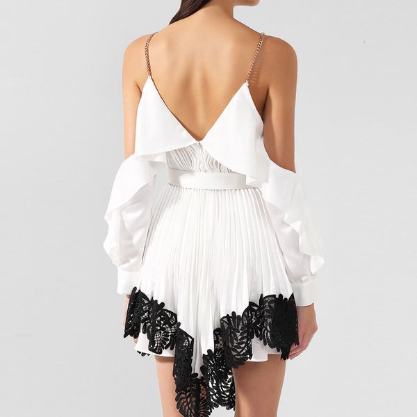 

a line black and white patchwork lace elegant dress female off shoulder ruffled sleeve high waist asymmetrical dresses women spring, White;black