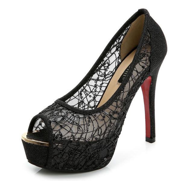 

33-39 small size sandals women's 2021 summer fish mouth high heeled shoes lace mesh breathable, Black