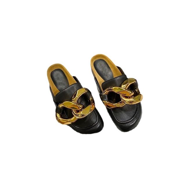 

slippers jw big gold chain shoes, baotou half slippers, women's wear fashion metal thick soled lefu shoes, mueller lazy shoes zly {cate, Black