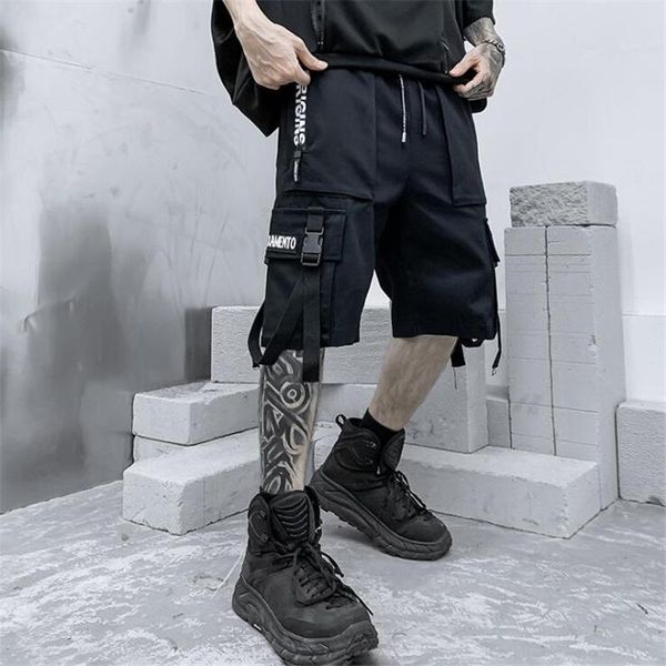 

multi pockets techwear cargo shorts man streetwear ribbons short homme casual hip hop goth for men men's, White;black