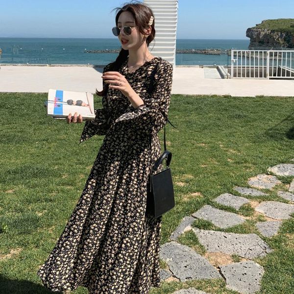 

casual dresses robe ete femme 2021 autumn vintage floral print maxi for women boho dress korean long vestidos kobieta sukienka, Black;gray