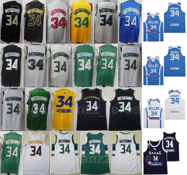 Giannis Antetokounmpo Basketball-Trikot 34 The Finals College Blau Gelb Grün Weiß Schwarz genäht Herren Teamfarbe für Sportfans Atmungsaktives Shirt mit allen Aufnähern