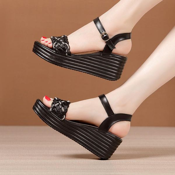

sandals fashion rhinestone peep toe woman shoe summer 2021 platform women's leather ladies wedge heel female shoes 32-43, Black