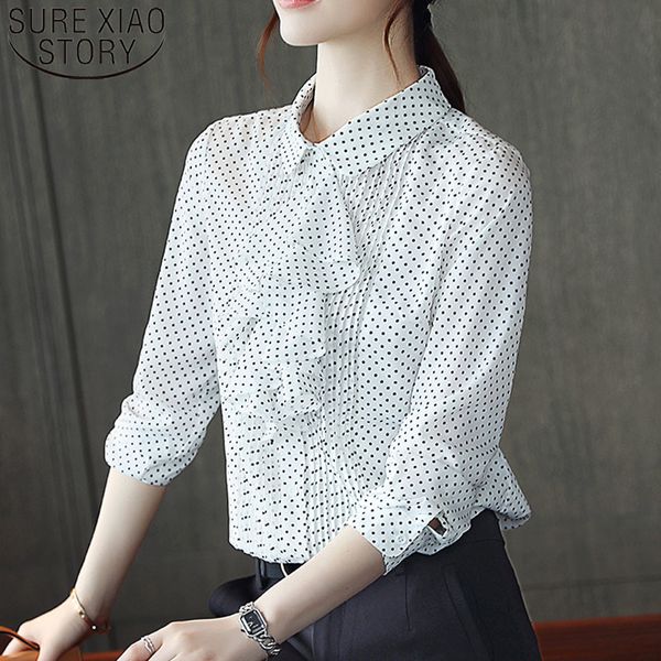 

mujer de moda chiffon blouse shirt white ladies blusas femininas shirts bow polka dot stand button 5697 50 210415