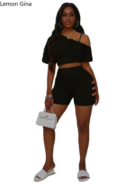 

women's tracksuits lemon gina summer 2021 ripped shoulder fashion sportsshort two-piece set, Gray
