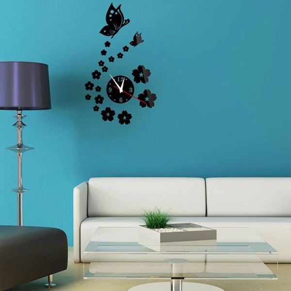 

wall clocks 3d fashion diy mirror stickers automatic mechanical movement clock butterfly flying alloy