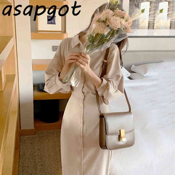 

korean chic temperament lapel single-breasted lace-up waist shirt dress slim long lantern sleeve casual wild retro solid 210429, Black;gray