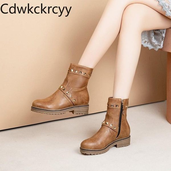 

boots winter the fashion round head thick heel leisure rivet plus velvet keep warm high women size 34-43, Black