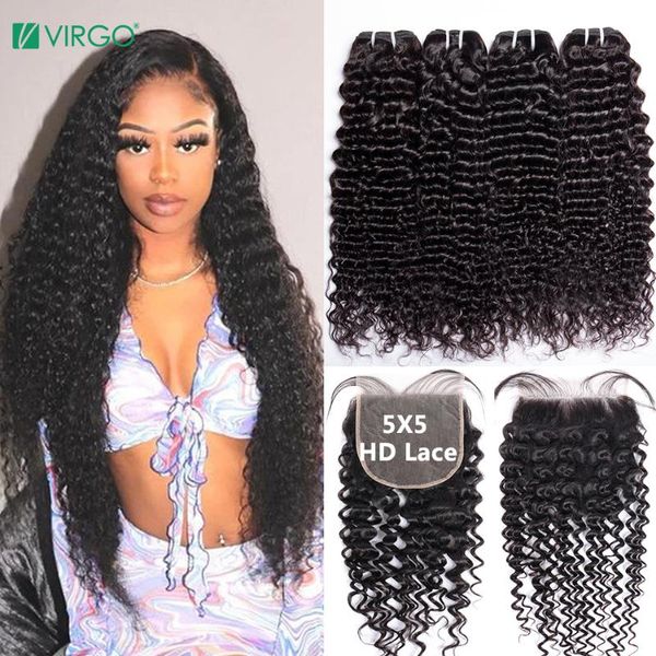

human hair bulks 30 inch deep wave bundles with closure curly remy 3 4 5Ã5 hd lace, Black