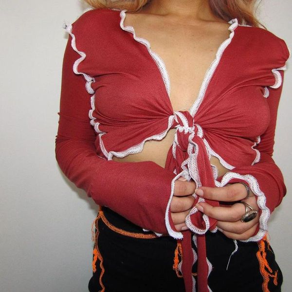 

women's t-shirt bandage women patchwork tshirt autumn v neck long sleeve streetwear 2021 fashion ruffle female crop top, White