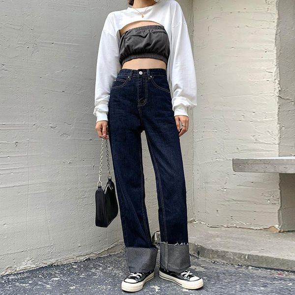 

high waist straight wide leg jeans women's, Blue