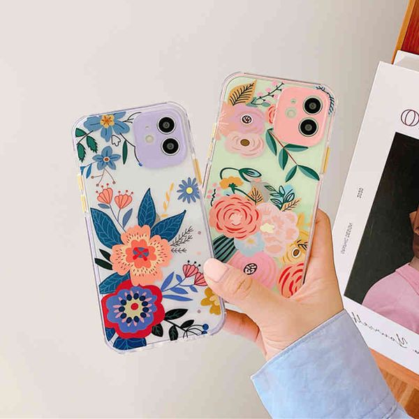 

transparent sheath and bright flowers for iphone, soft tpu back sheath and transparent green leaves, fashionable, for iphone 12 11 pro max x