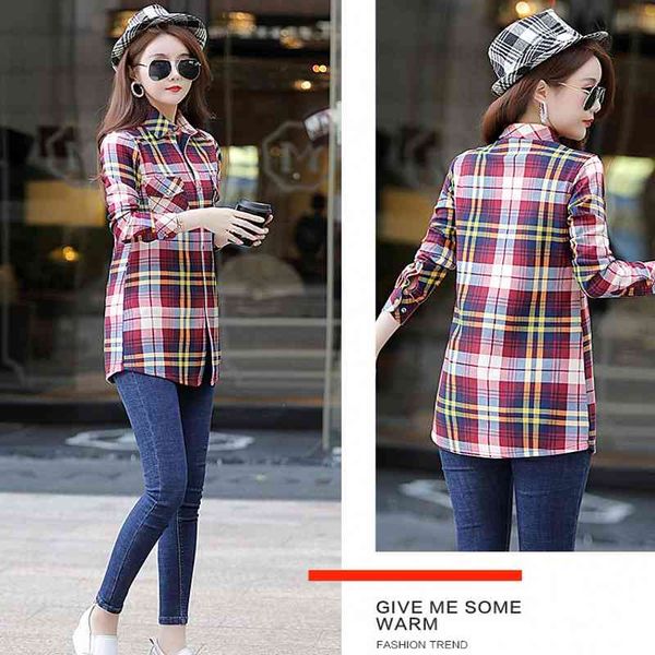 

women's blouses & shirts women winter keep warm cotton long plaid blouse fashion sleeve turn-down collar pocket velvet shirt plus size, White