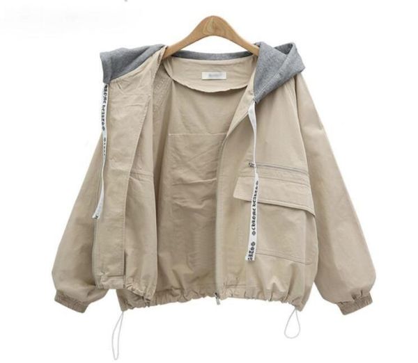 

spring/autumn regular jacket casual beige bombe hooded oversized letter drawstring back patch decoration fashion street coat women's ja, Black;brown