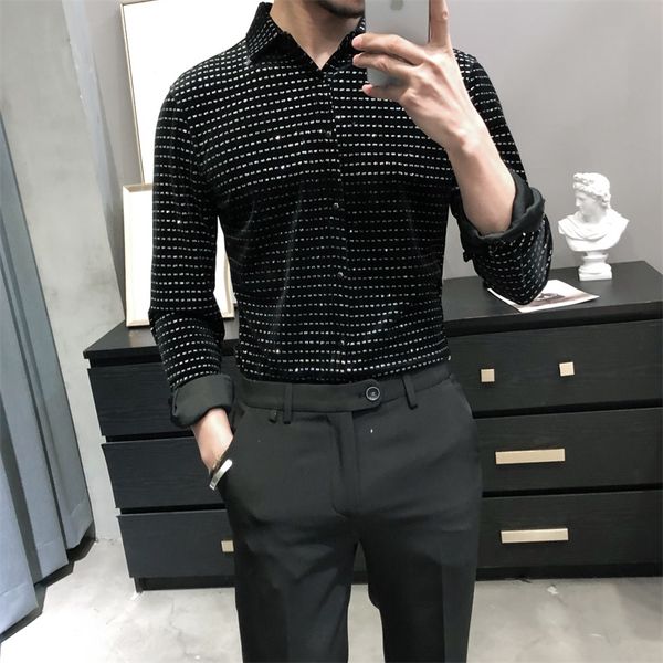 

mens spring longsleeved shirt in 2022 personalized polka dot printing gold velvet fashion loose and ironbottoming shirt, White;black