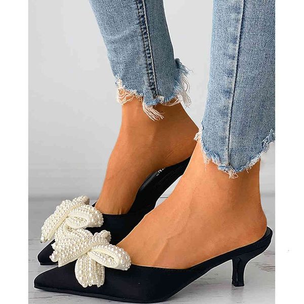 

sandals ins female summer pearl bowknot pointed toe shoes mule women slip on pumps, Black