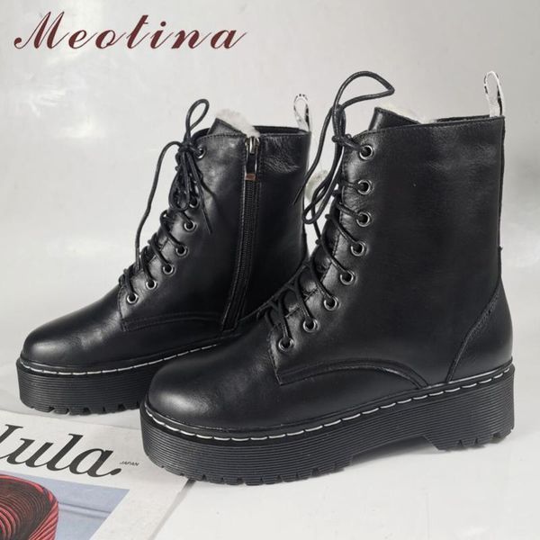 

boots meotina genuine leather motorcycle shoes women platform high thick heel round toe zipper ankle winter 34-42, Black