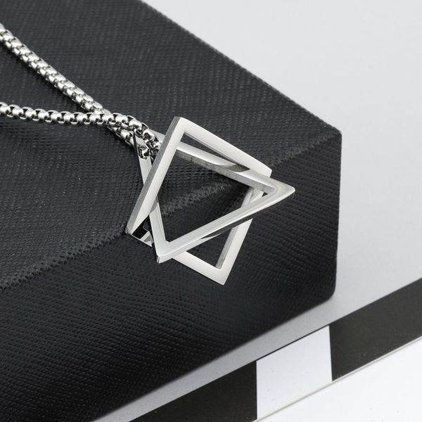 

pendant necklaces geometry interlocking square triangle male for men stainless steel modern trendy geometric stacking streetwear necklace, Silver