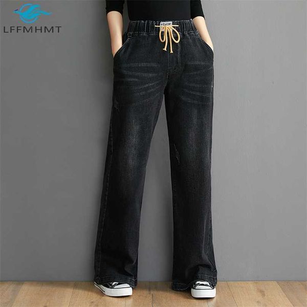 

oys 202 elastic high waist women denim pants office lady korean simple casual loose jeans female solid color vintage trousers 211112, Blue