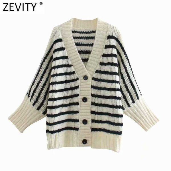 

zevity women vintage v neck striped cardigan knitting sweater ladies chic batwing sleeve button casual loose retro s555 210603, White;black