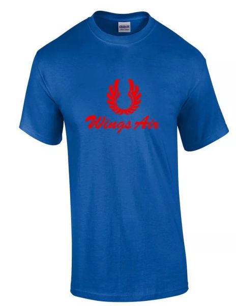 

wings air red retro logo indonesian airline royal blue cotton t-shirt, White;black