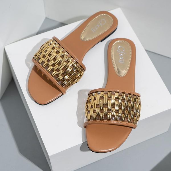 

women slippers luxury flat heels slip on sandals gold braid female shoes indoor house outdoor, Black