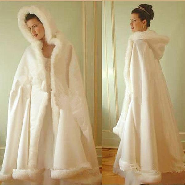 

wraps & jackets long faux fur trim satin multiple colour bridal hooded cloak wedding cape winter dress shawl jacketwedding, White