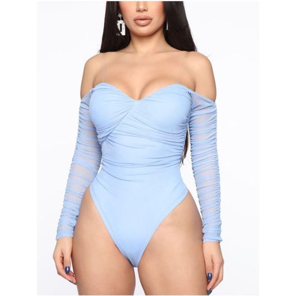 

women's jumpsuits & rompers omilka off the shoulder mesh bodysuits 2021 summer women long sleeve bodycon see through club party ruched, Black;white