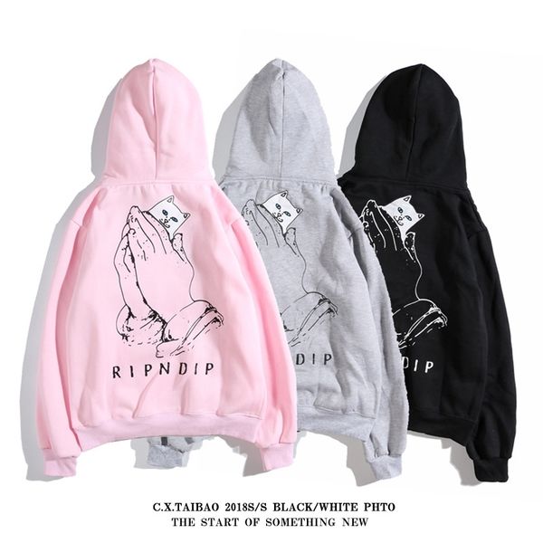 

qiudongchao brand hip-hop personality middle finger cat sweater men's and women's wear plush hoodie student class coat, Black