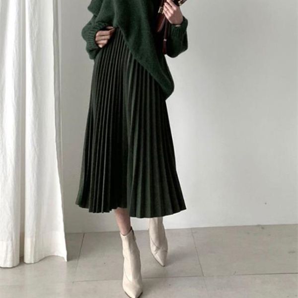 

spring autumn high waist vintage solid pleated skirt female ol elegant fashion all-match long skirts womens 210421, Black