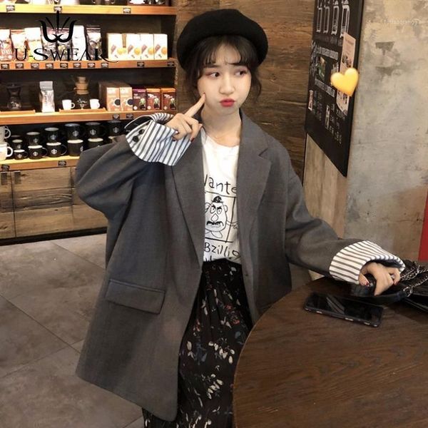 

women's jackets u-swear women solid color long blazer jacket pleated sleeve loose coat office lady work style small suit single button, Black;brown
