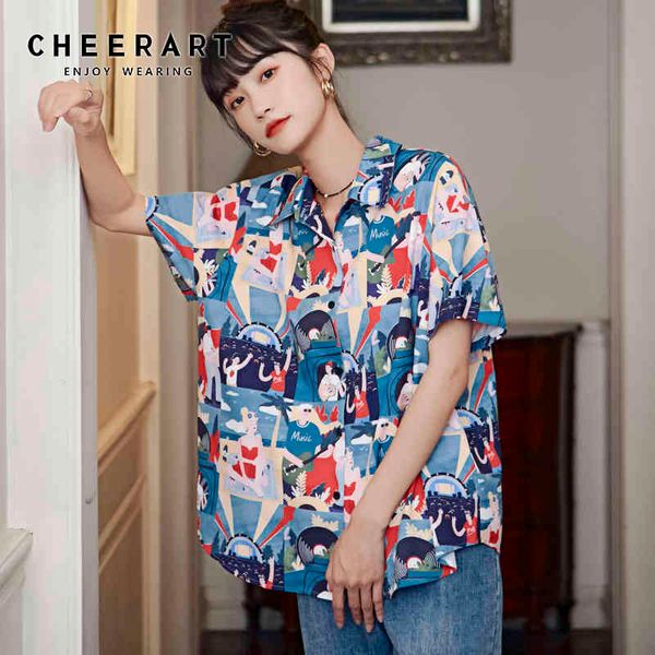 

aesthetic print blouse women shirts colorblock short sleeve button up shirt summer korean blouses clothes 210427, White