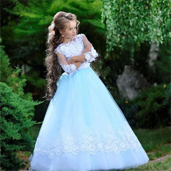 

2021 cute tulle ball gown flower girl dresses lace applique high neck rhinestones kids pageant dress floor length girl' birthday party, White;blue